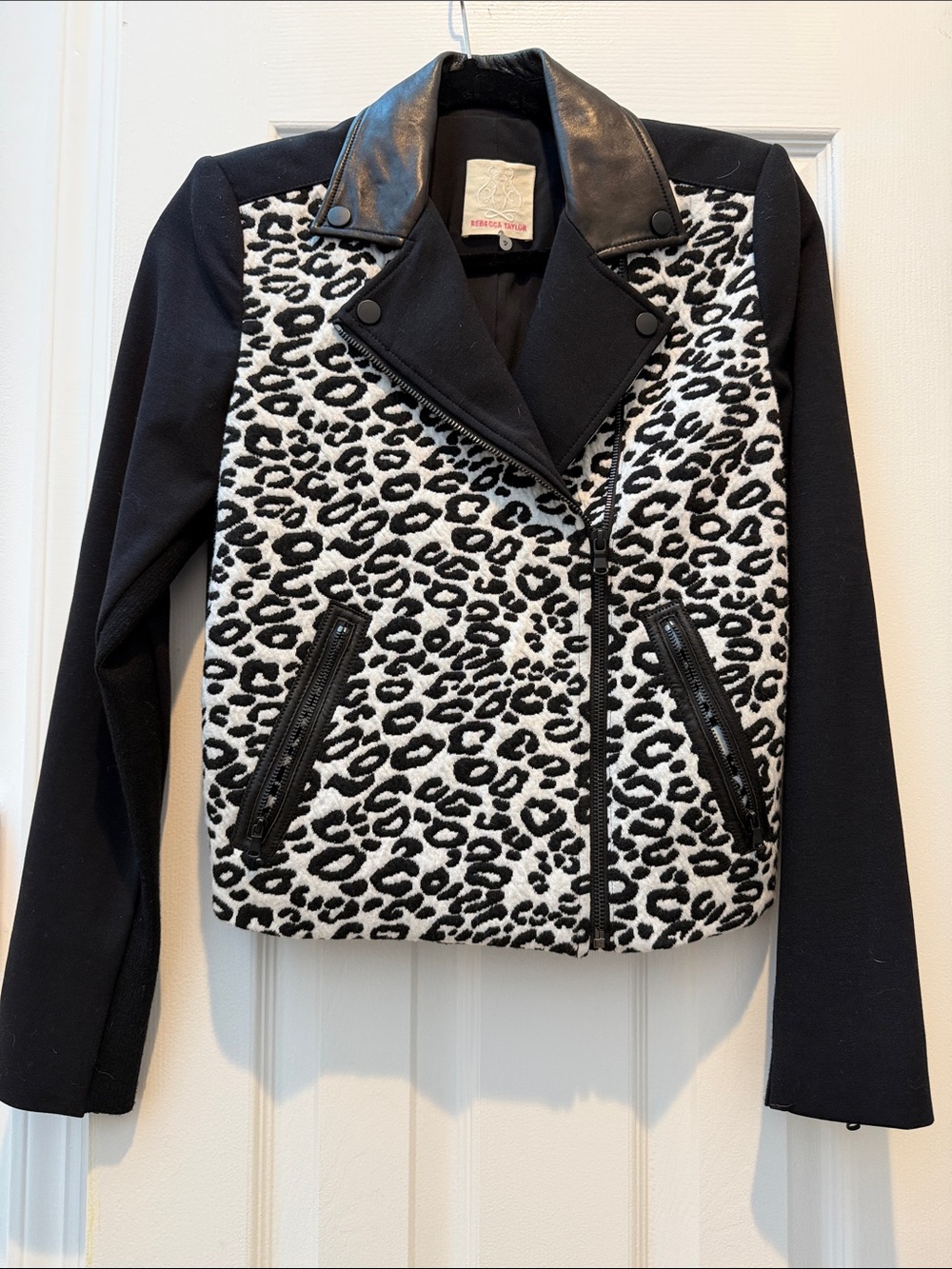 Rebecca Taylor Black & White Leopard Moto Jacket
